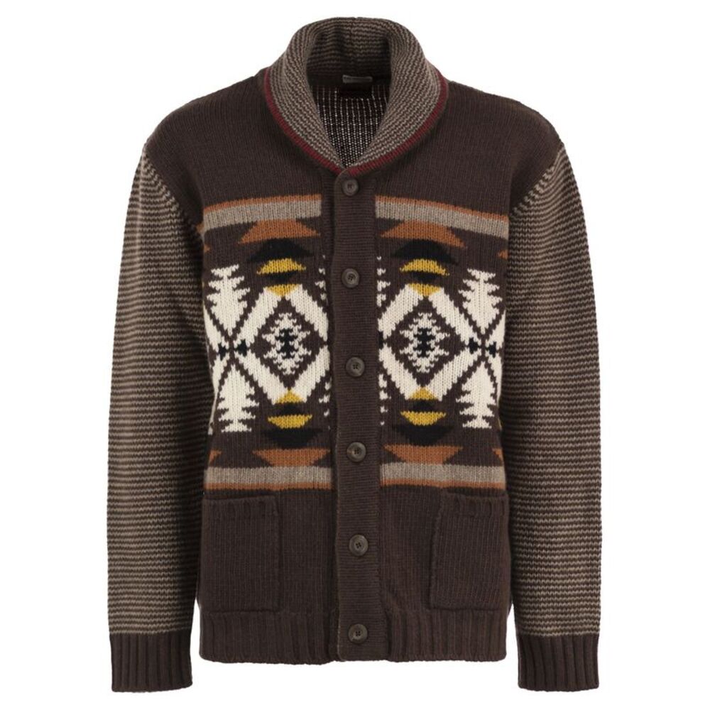 Fay Men Wool Cardigan With Jacquard Pattern